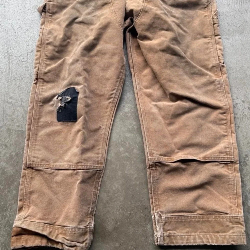 Vintage Carhartt Overalls Faded Distressed Dungarees 34/30 Tan Duck Double Knee - Picture 6 of 7